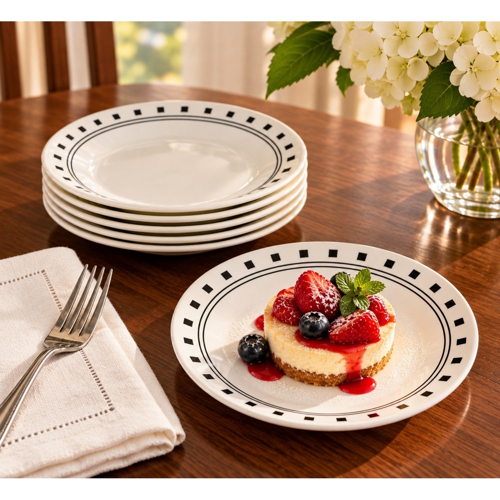 Corelle City Block Dessert Bread Plates Set of 6 White Black 6.5 in Vitrelle